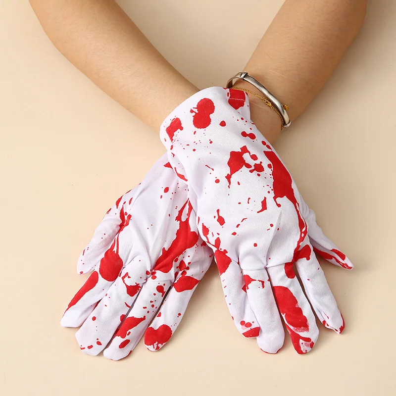 Gloves Halloween Blood Splatter White Realistic Horror Party Cosplay Costume Stage Performance Cloth Soft Lightweight Unisex