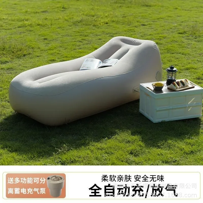 Portable PVC Flocking Inflatable Sofa Outdoor Camping Air Deck Chair Automatic Leisure Lounger for Home Lunch Break