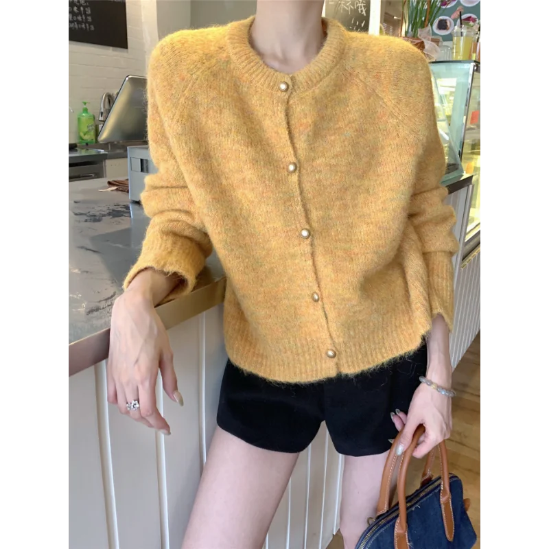 

Womens Fall New Pink Crew Neck Knit Cardigan Loose Fit Slimming Single Button Fashion Versatile Sweater