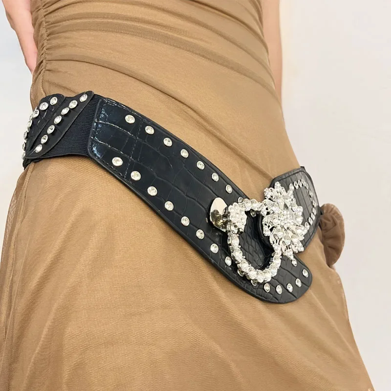 Vrouwen sexy strass riemen bling vintage bloem punk metalen gesp Y2K brede tailleband PU lederen riem voor rokaccessoires