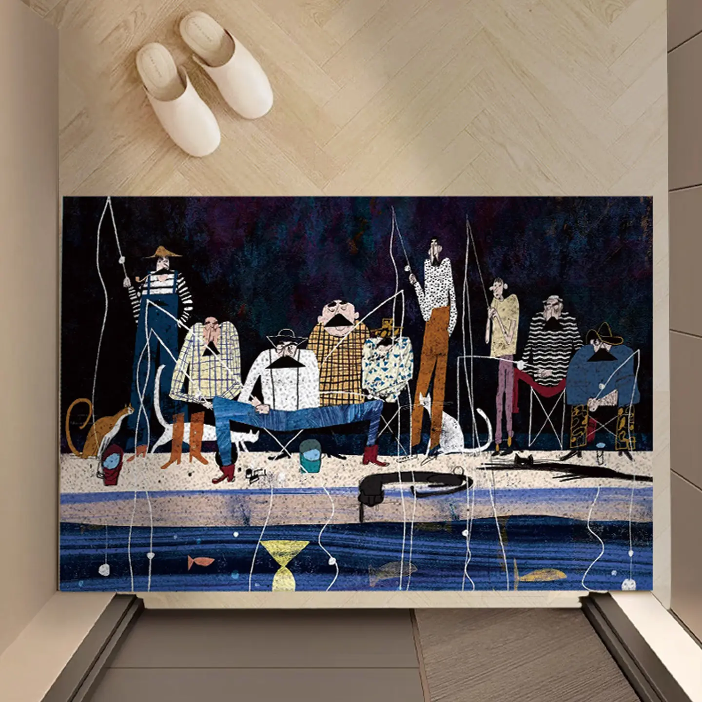 Boho Illustration Dinner Table PVC Coir Doormat Non‑Slip Backing Dust Catching Entrance Floor Mat Wear‑Resistant Welcome Rug