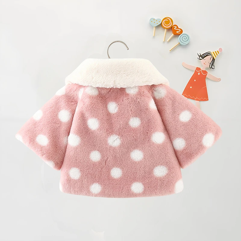 سترة شتوية للفتيات الصغيرات بلون سادة وياقة واسعة وأكمام طويلة معطف فرو مناسب للفتيات ملابس ثلج مطبوعة بنقط بولكا #2