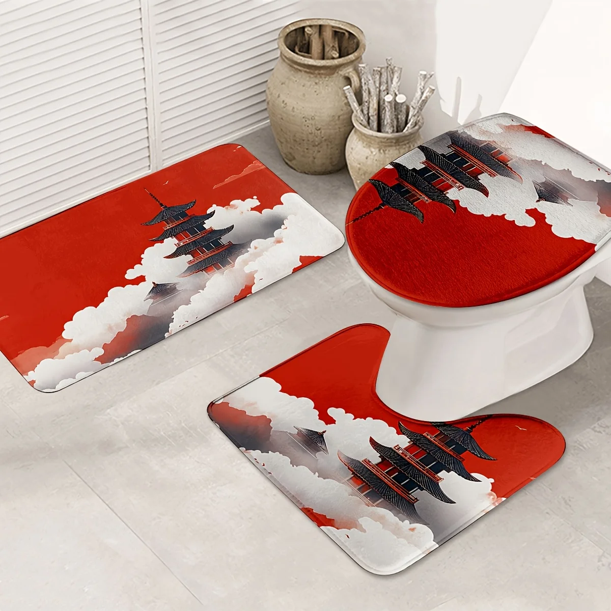

Japanese-Inspired 3pcs Bath Mat Set - Non-Slip, Washable Floor Mats for Bathroom & Bedroom Decor - Includes Bath Rug, Contour Ma