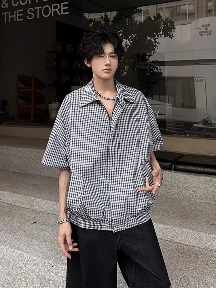 

Cleanfit Plaid ort Sve Zipper irt Men's Summer American Retro Workwear f Sve Collared irt Jaet Breathable