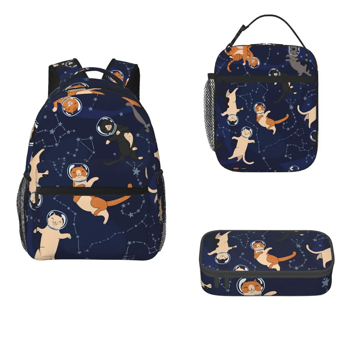 Pattern With Cats In Space Backpacks Boys Bookbag Children School Bags Cartoon Kids Rucksack Lunch Bag Pen Bag Three-Piece Set