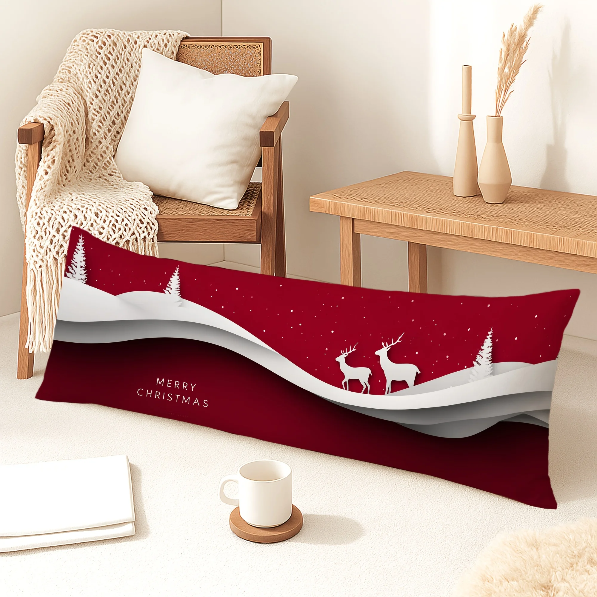 1pc Body Pillowcase, Christmas Decoration, Modern Art, Minimalist Reindeer Snowflake, Red, 20x54 Inches, Suitable for Living Roo