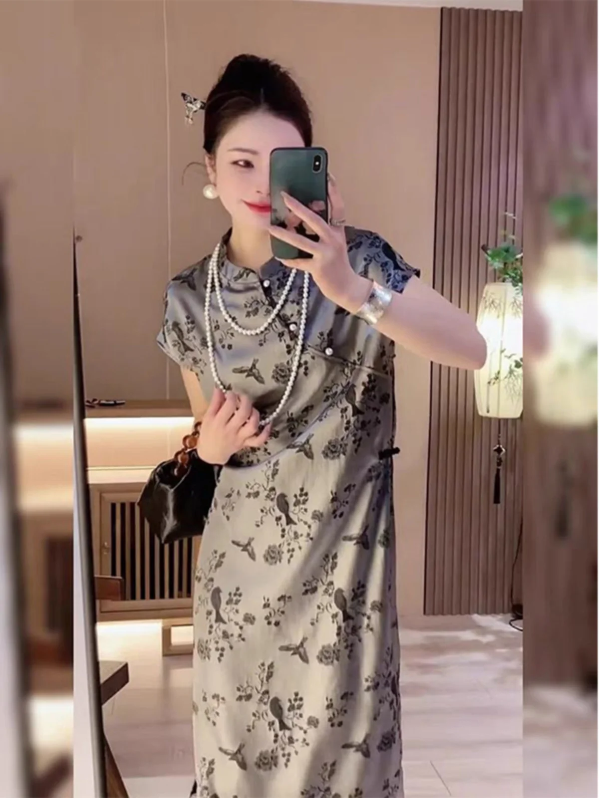 Ele verano ort Sve Dr mujer cintura alta estampado nuevo chino Sle Retro alta gama bandera bata falda