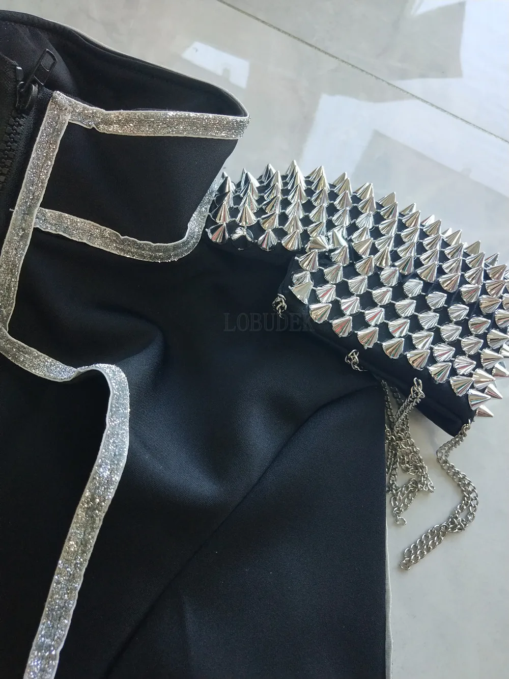 Women Black Rivet Chain Bodysuit Bar Nightclub Singer Dancer Performance Dance Costume Cloak 2 Piece Jazz Modern Dance Outfit