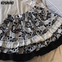 Japanese Kawaii Mini Cake Skirts Womens JK Jupe Casual Printing Lolita Sexy High Waist Lace Y2k Aesthetic Sweet Gothic Faldas