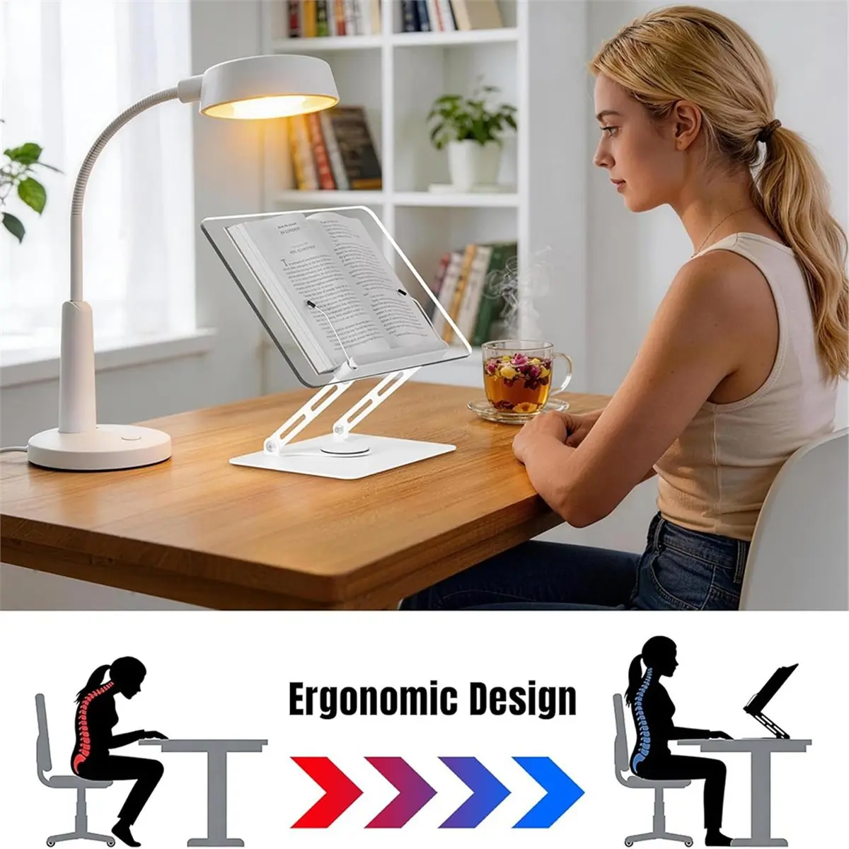 A46U Adjustable Acrylic Book Stand for Reading, 360° Rotating Base, Hands-Free Cookbook Stand for Laptop, Tablet,Music Score