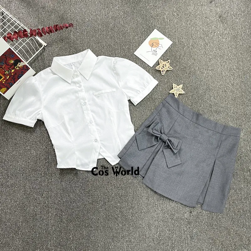 [Hua Ling] Japanese Short Puff Sleeve Summer Collect Waist Shirts Blouse Skirt JK High School Uniform Class Students Cloth