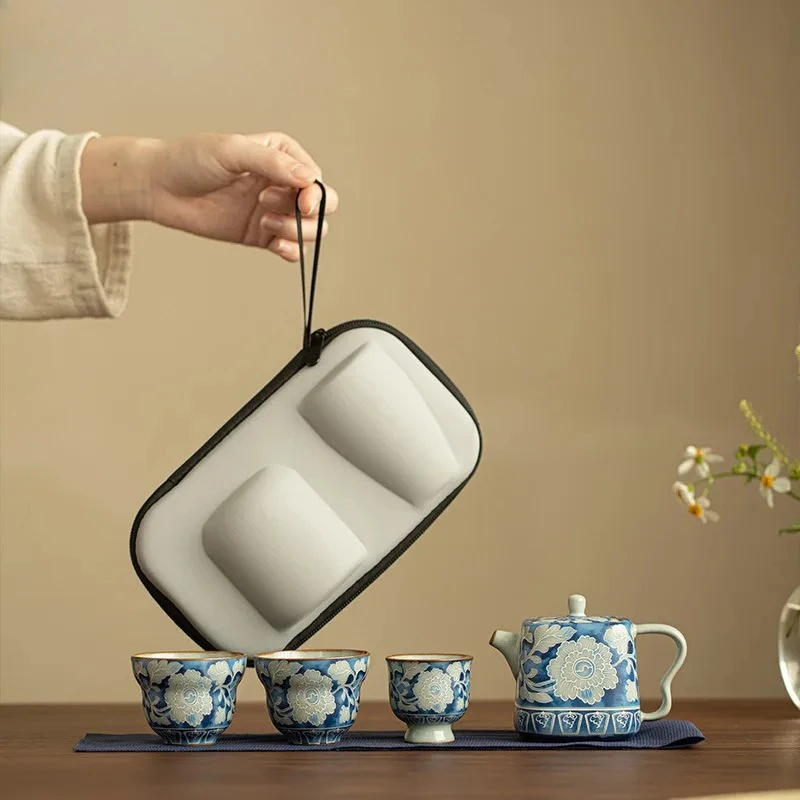 Ru Kiln Peony Yuan Blue And White Travel Tea Set Kit Zen 1 Pot 3 Cups Tea Making Organizer Portable Picnic Handbag Tea Items