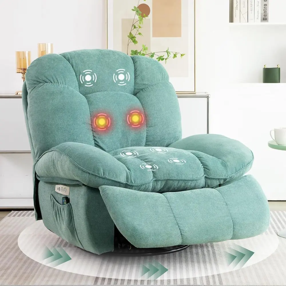Green Massage & Heat Swivel Rocker Recliner Chair with USB/Type-C Charging for Living Room, Bedroom, or Nursery