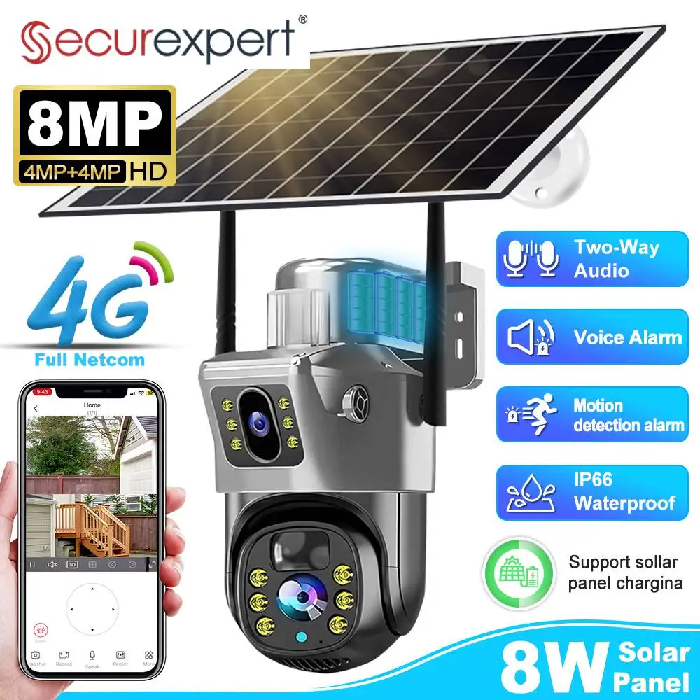 

4K 8MP Dual Screen Solar Camera Outdoor Wireless 4G/WiFi PTZ Dual Lens Security Protection PIR Auto Tracking CCTV Cameras V380