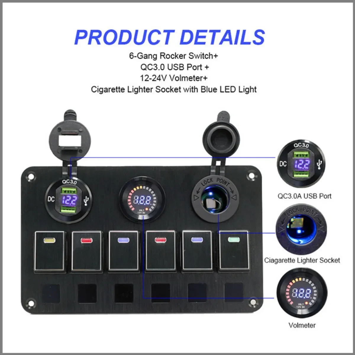 6-position Car and RV Rubber Panel Panel Combination Switch with Car Charger/voltage Tester/cigarette Lighter