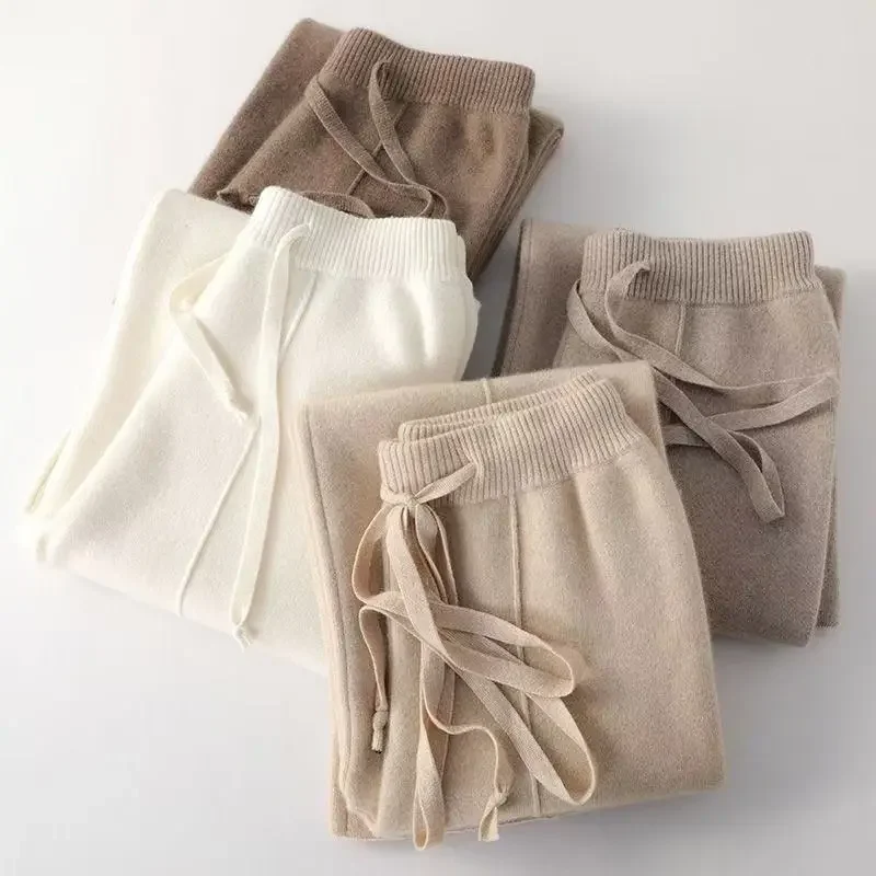 Women Merino Wool Knitted Wide Leg Pants Autumn Winter Basic Soft Warm Cashmere Knit Trousers Casual Simple Style Korean 2025