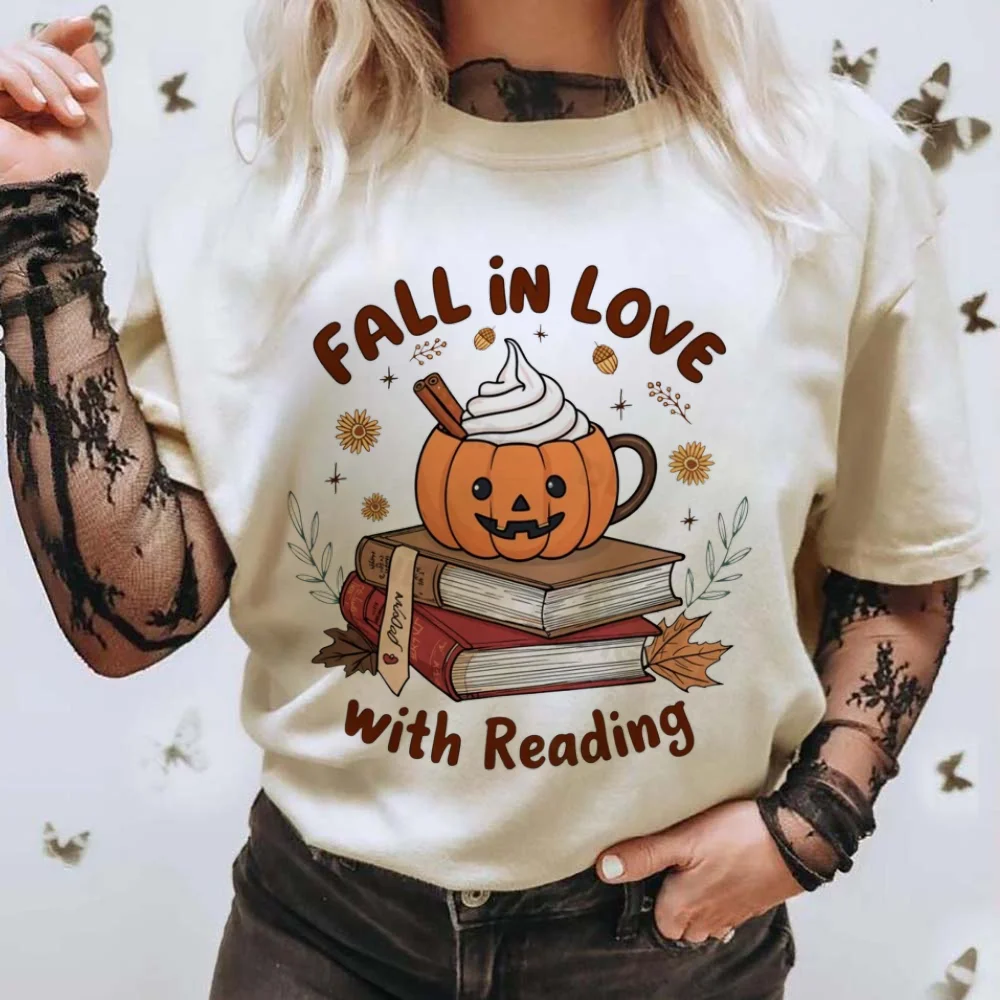 

Halloween Style Women's T-Shirt Autumn Reading Printed Pattern O-Neck Short Sleeved White Top Women's Casual Popular T-Shirt