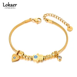 Lokaer Stainless Steel Fatima's Hand Blue Eye Charm Fashion Bracelet Bangle For Women Daily Trendy Female Jewelry Браслет B23053
