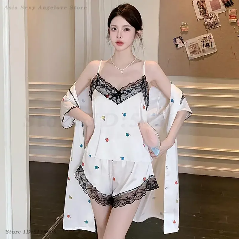 

Female 3PCS Pajamas Set Summer Shirt&Cami&Shorts Sleepwear Intimate Lingerie Sexy Lace Home Clothes Loungewear Satin Nightwear