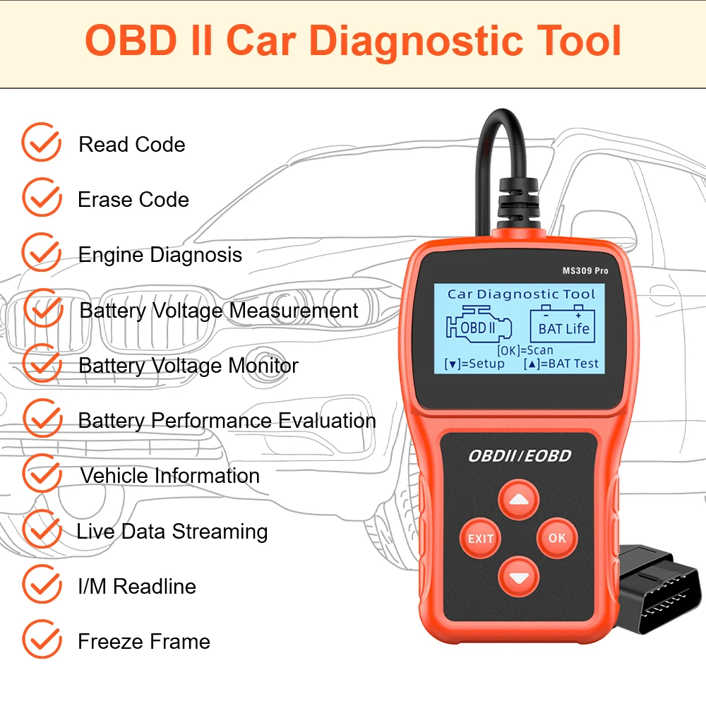

Сканер OBD2, проверка системы двигателя, многоязычный автомобильный диагностический инструмент, считыватель кодов живых данных MS309PRO, тестер батареи