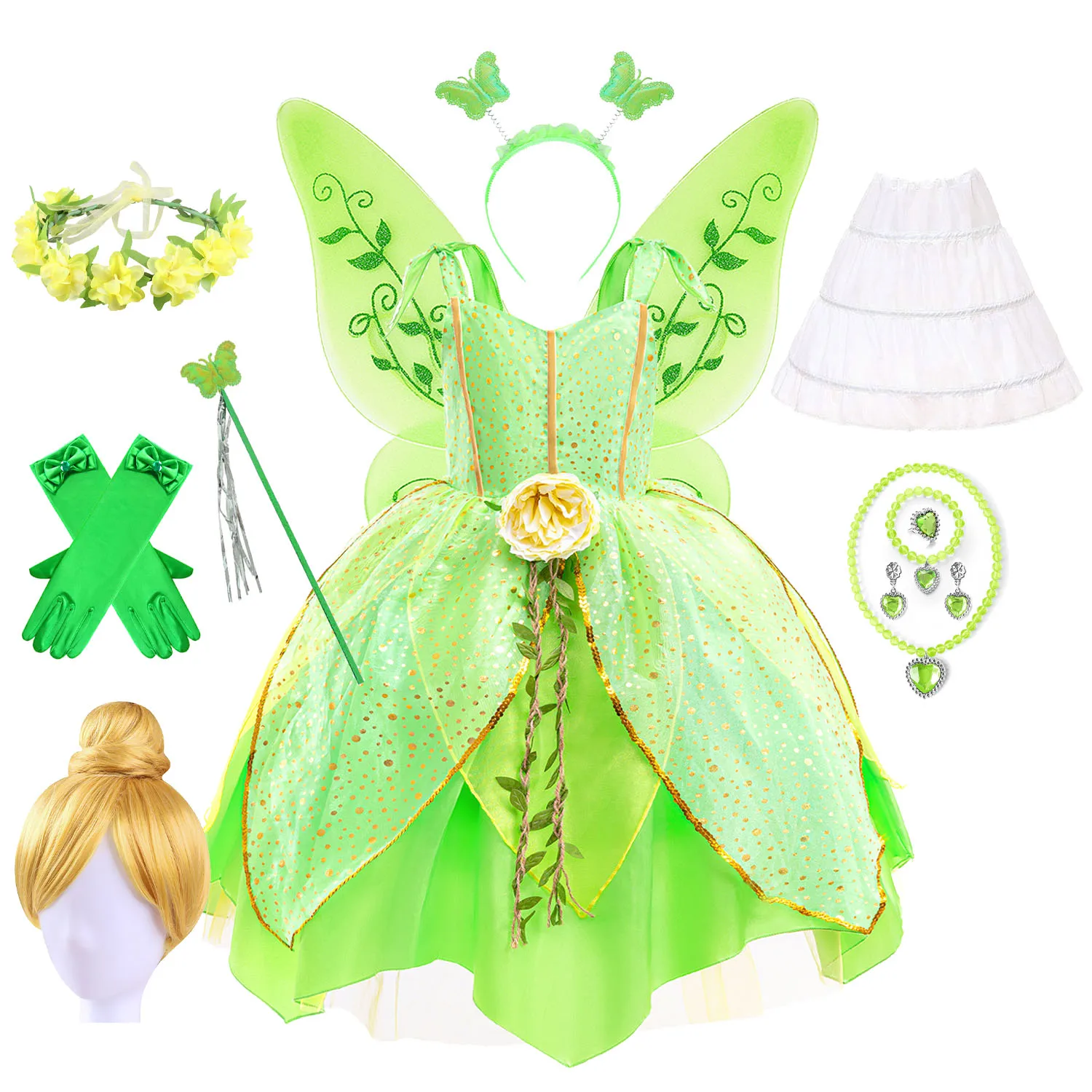 Girls Tinker Bell Costume Kids Green Fairy Princess Tinkerbell Photography Fancy Dress Birthday Party Cosplay Outfits Forest