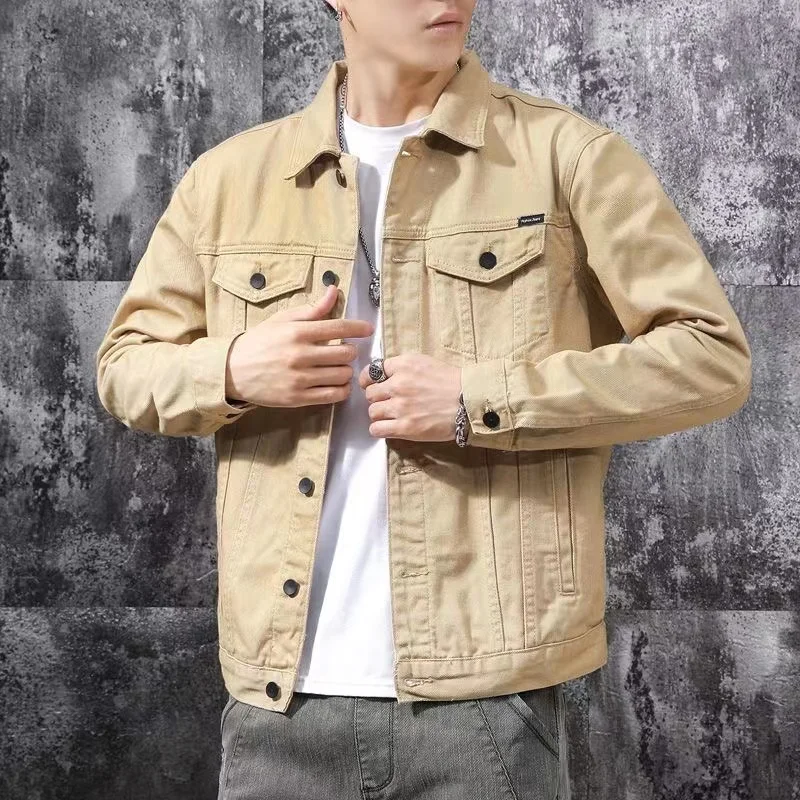 

Loose Fit Khaki Denim Jaet for Men Trendy Workwear Jaet Youthful Sle Long Sve Single Button Closure Classic Collar