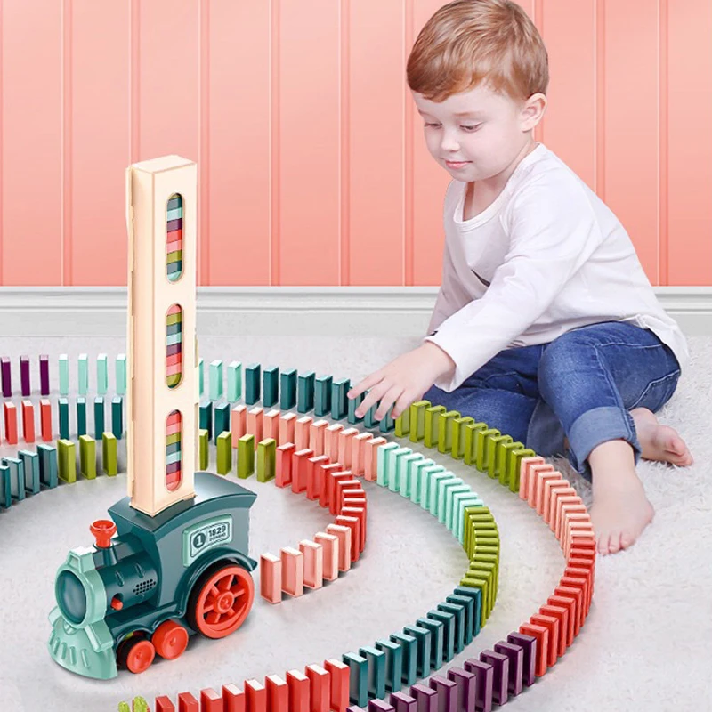 

Domino Train Game Educational Toys Electric Dominoes Set Brick Blocks Automatic Train Sound and Light Kids Toy Car Gifts