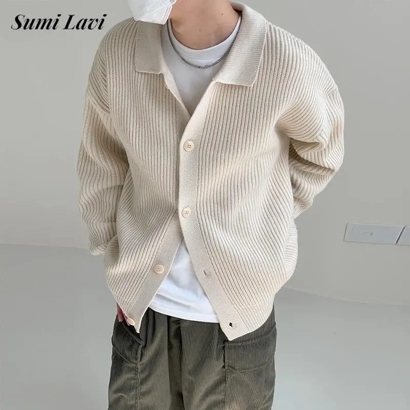 

Autumn Daily Casual Knitting Cardigan Tops Mens Vintage Buttoned Turn-down Collar Knit Jackets Fashion Solid Color Knitted Coats