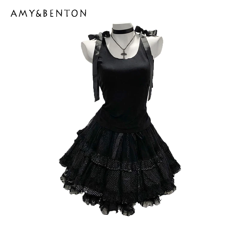 

Original Black Gothic Design Retro Women's Sling Top 2025 Summer Sweet Cool Bow lace splicing Puffy Skirt Two-piece Suit Ladies