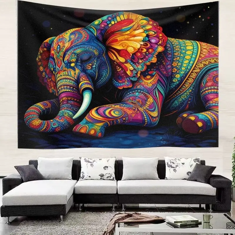 VIKAMA Vibrant Psychedelic Elephant Tapestry - Multicolor Tribal Cosmic Wall Hanging for Living Room