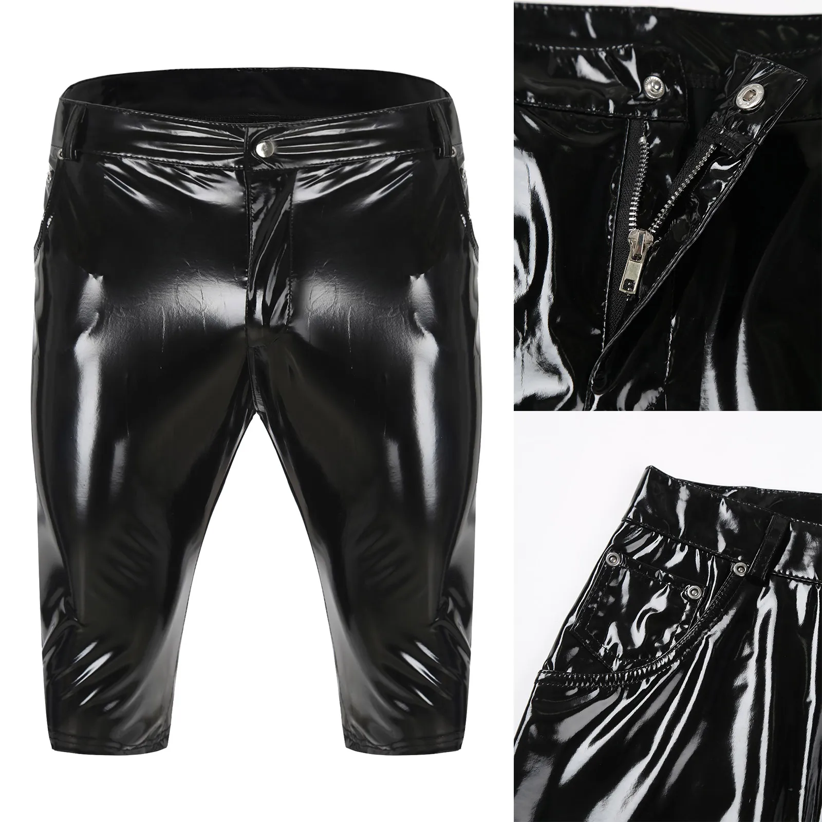 Shiny Oil Leather Shorts Men Punk Metallic PU Leather Shorts Rock Band Motorcycling Half Pants Shorts Bar Night Club Wear