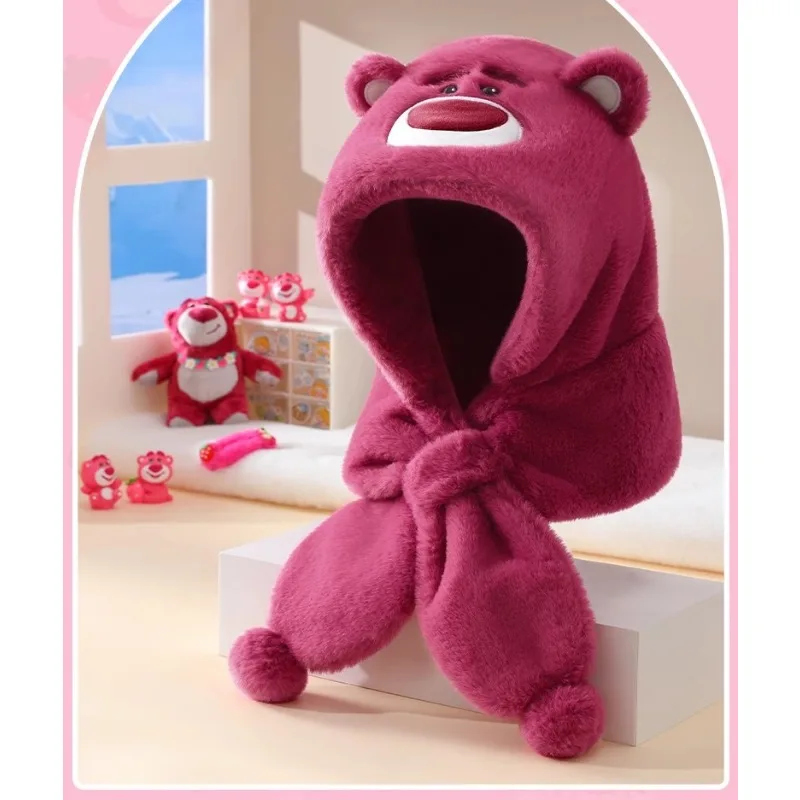 Disney Strawberry Bear Hat Scarf One Cute Warm Plush Velvet Scarf Earmuff Kawaii Soft Kids Girls Christmas High Appearance Gift