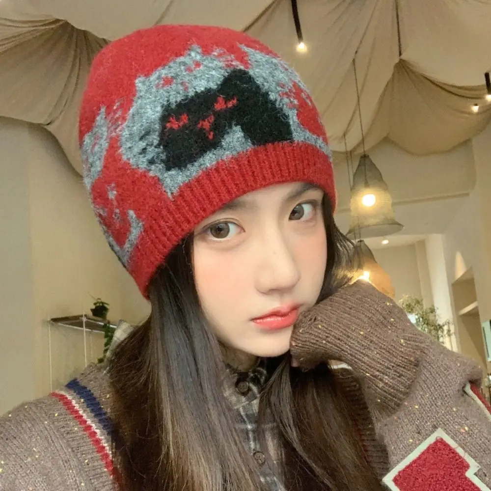 Sweet Warm Jacquard Cat Knitted Hat Printed Wool Jacquard Pattern Beanies Korean Retro Printing Knit Cap Apparel Accessories