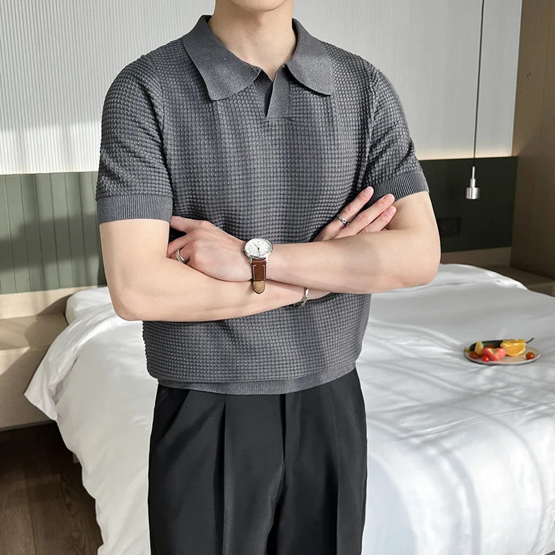 Cseta Masculina de Manga Curta em Tricô Fino de Linho Gelado, Estilo Coreano Slim Fit, Csa  Moderna para o Dia a Dia