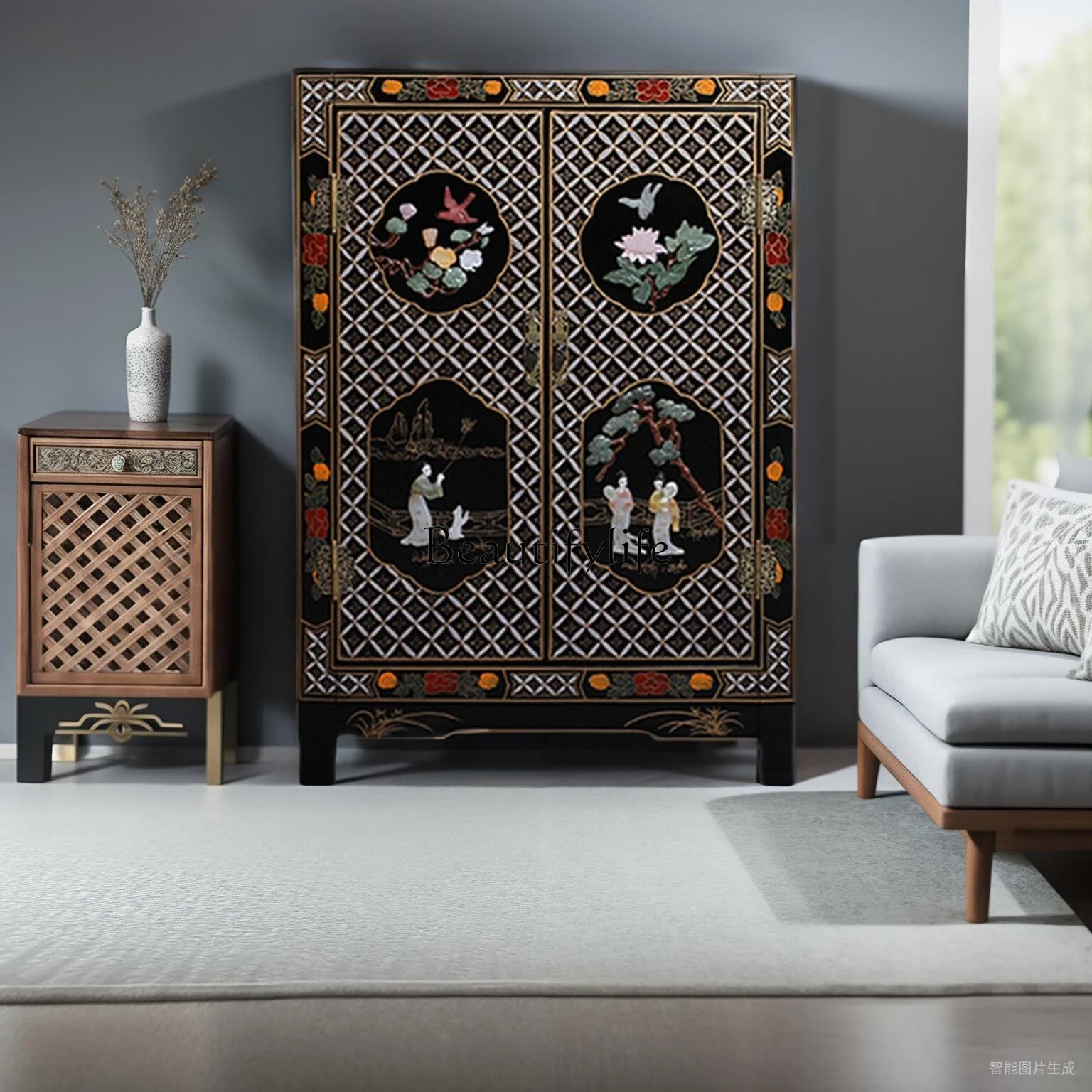 

New Chinese style, black background character double door cabinet, door hall entrance shoe cabinet, household door cabinet