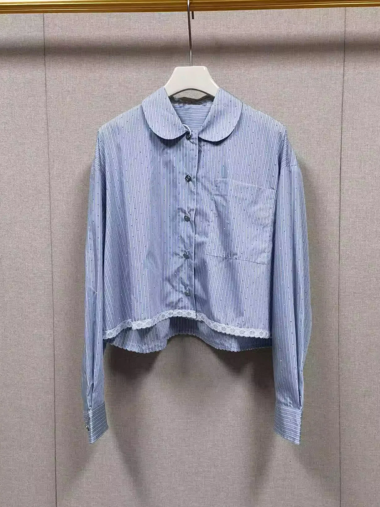 

French Style Diamond Decorated Striped Shirt Collar Dress Lace Trimmed V-Neck Half Skirt A-Line Summer Dress for Women