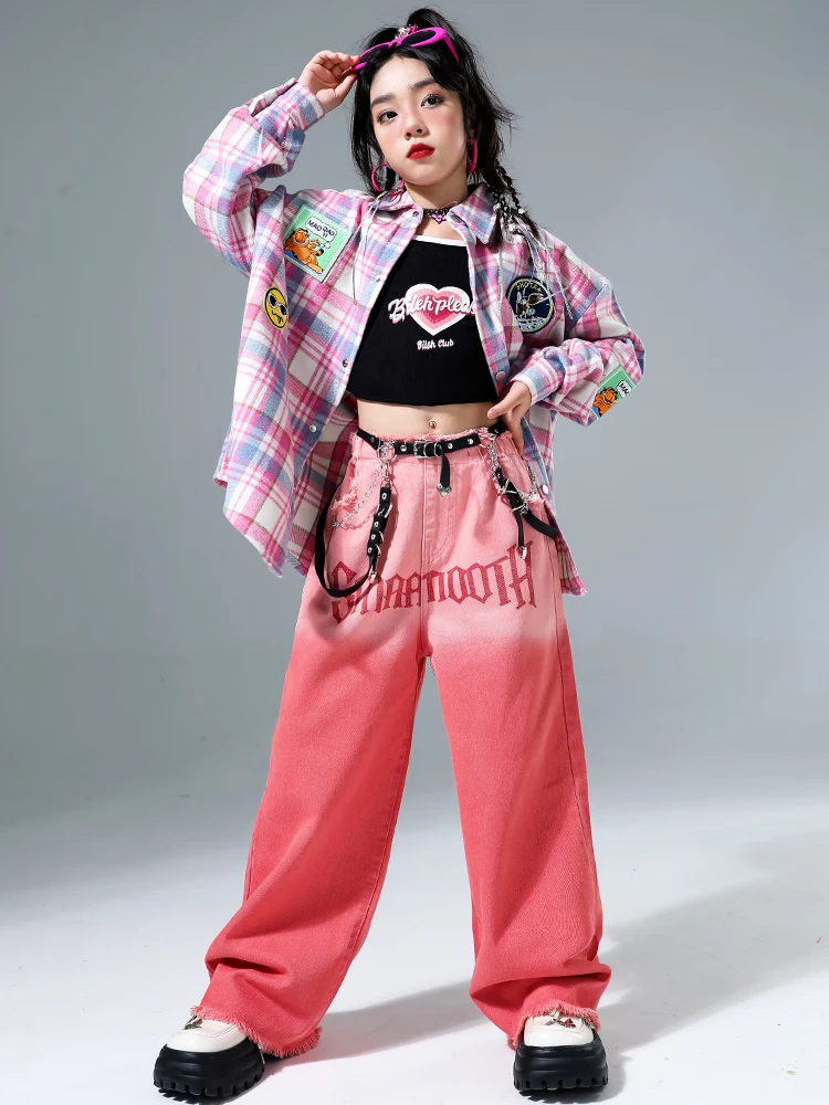 

Girls Hip Hop Dance Costumes Pink Plaid Shirt Baggy Pants Street Dance Clothing Teenage Kids Spring Autumn Show Stage Clothes