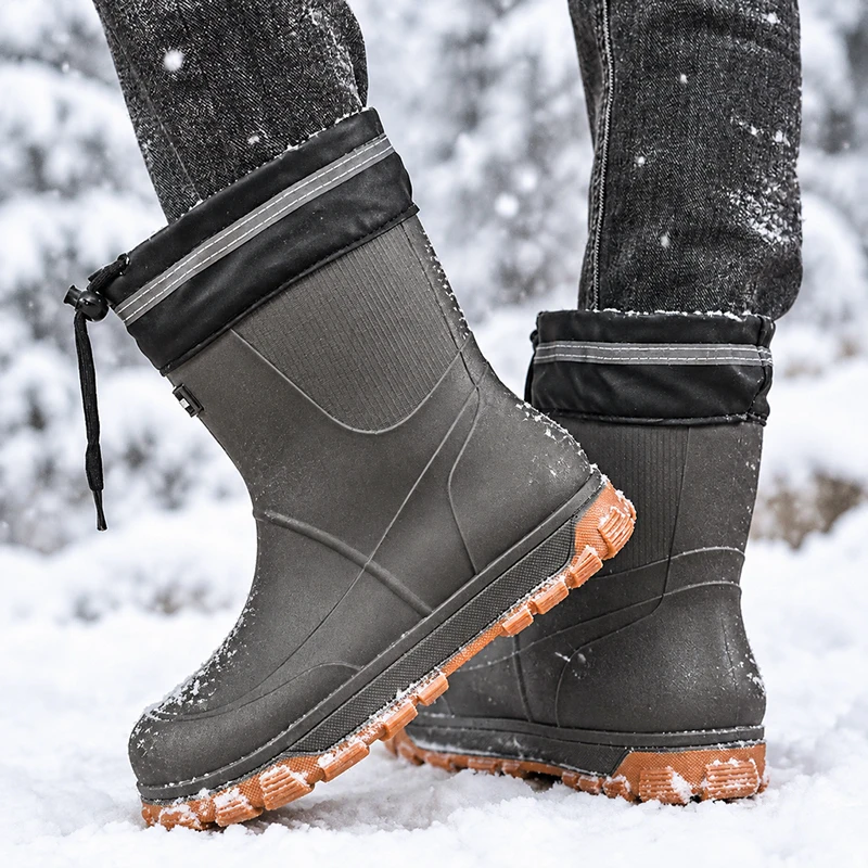 Men's Mid-Calf Work Boots Outdoor Fishing Non-Slip Rain Boots Kitchen Waterproof Rubber Shoes Wear-Resistant Water Shoes