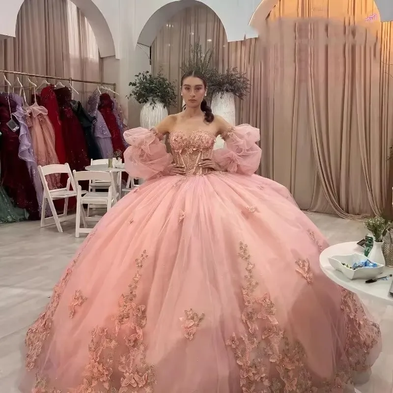 ANGELSBRIDEP-Robes de Quinceanera gonflées personnalisées, appliques de fleurs en dentelle, rose blush, fête d'anniversaire, luxe, éducatif, 15 ans