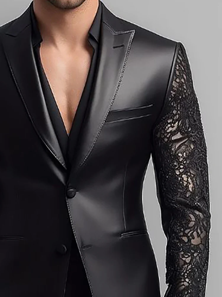 

Elegant Lace Patchwork Pu Leather Men's Suit Blazer Lapel Single-Breasted Long Sleeve Slim Autumn Fashion Business Male Jacket