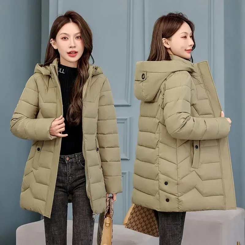 Long Slim Winter Ladies Cotton-Padded Jacket Warm 2024 New Winter Outerwear Hat Detachable Down Coat Women Parkas Large Size Top