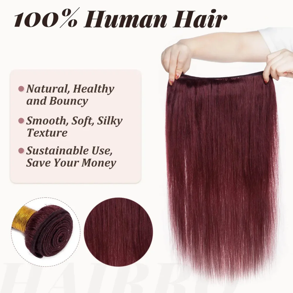 Bundel rambut manusia ekstensi lurus 16-30 inci untuk wanita 100% warna rambut manusia # 99j bundel ekstensi rambut Brasil anggur merah