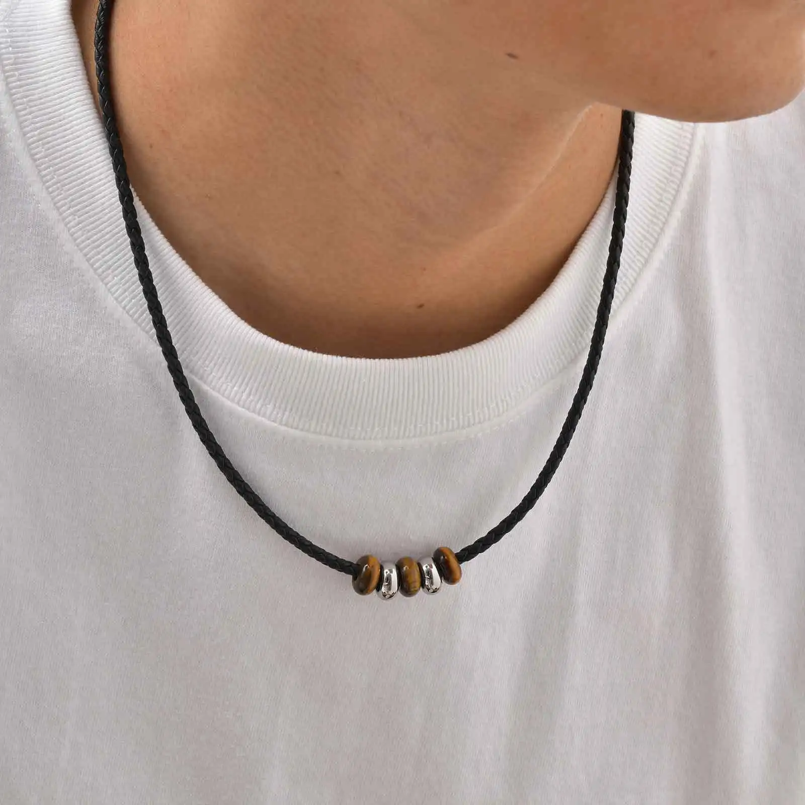 Vintage-Halskette aus PU-Leder für Herren, Edelstahlperlen, natürlicher Tigerauge-Steinhalsband, einfacher Schmuck, männliches Geschenk – Detail 2