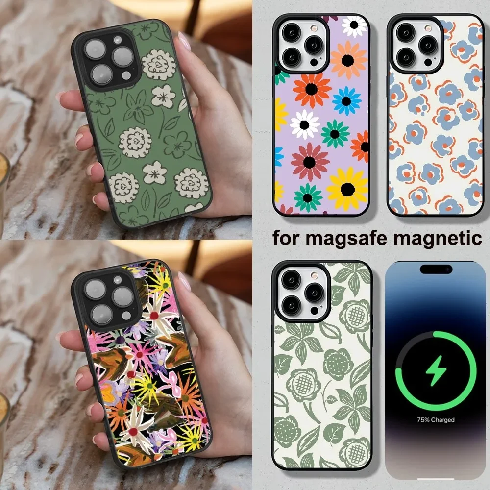 Flower Art Phone Case For iPhone 16,15,14,13,12,11,Plus,Pro,Max,Mini Magesafe Magnetic Wireless Charge