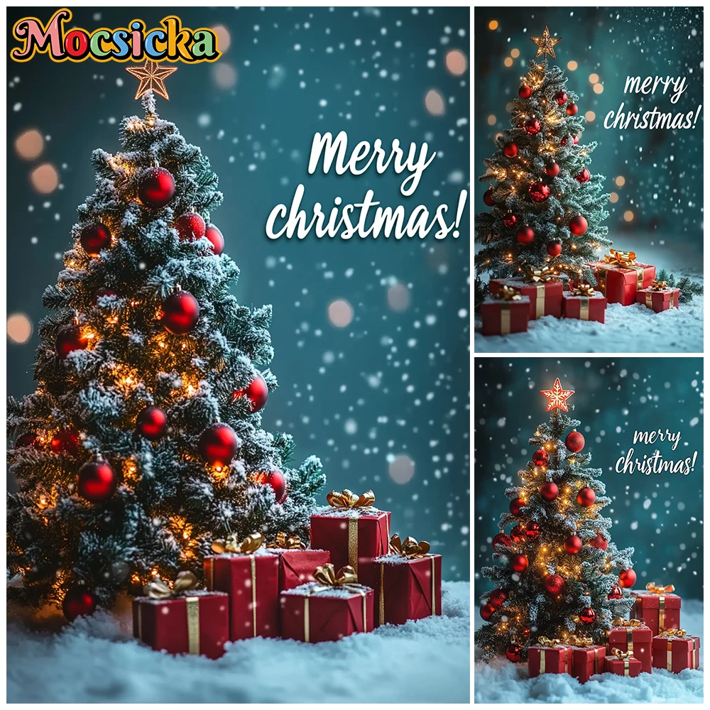 

Mocsicka Merry Christmas Tree Photography Backdrop Snowy Glowing Tree Red Ornaments Gifts Background Family Holiday Photo Shoots