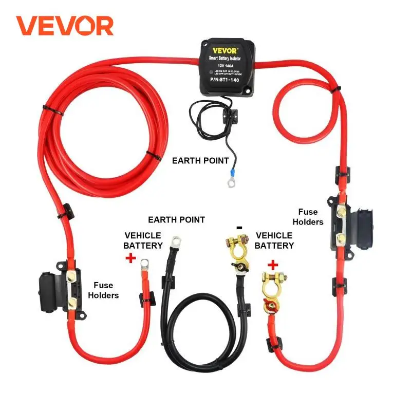 

VEVOR Split Charge Relay Kit Voltage Sense Relay Professional 12V 140AMP W/ 2/4/5/6 mtr Battery Cable for ATVs UTVs RVs Camping