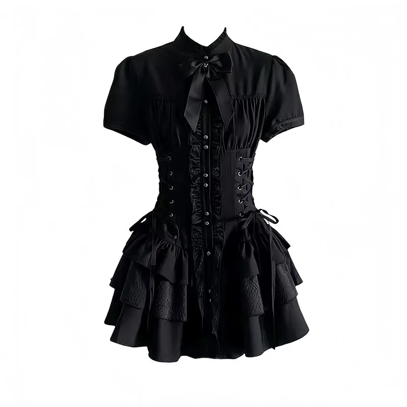 Gothic Lolita Dress Women Short Sleeve Bow Ruffle Mini Dress Corset Lace‑Up Layered Black Vintage Elegant Luxury Party Dresses