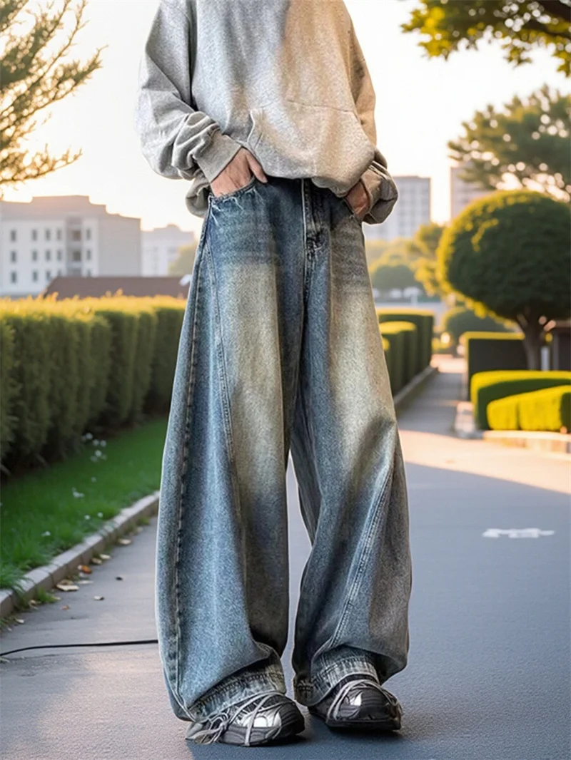 

Мужские джинсы в стиле ретро-американский вейд, новинка зимы, модные, свободные, широкие, прямого кроя, крутые брюки с дизайном в стиле пэчворк, повседневные