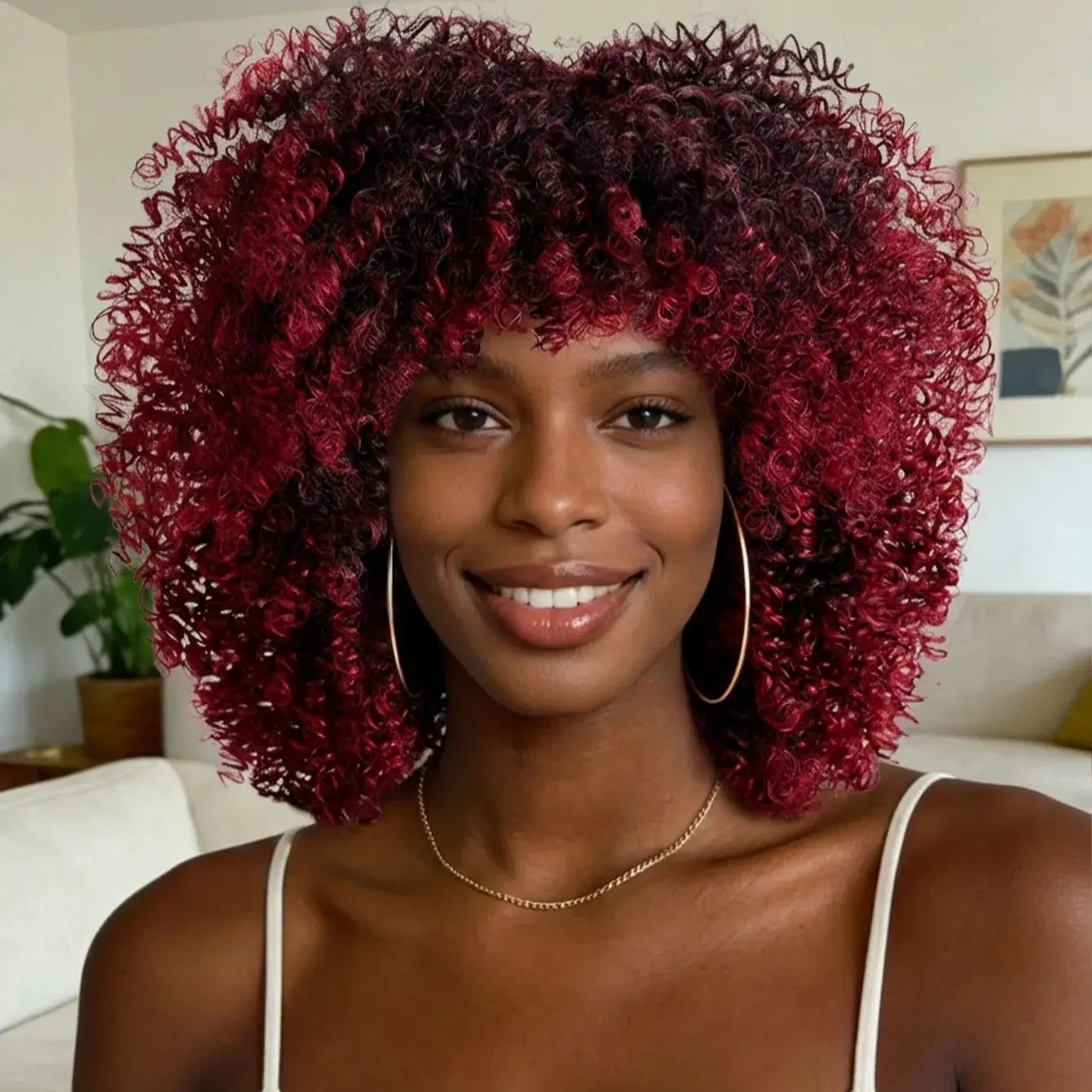 

Deep Red Gradient Wine Red Synthetic Short Wig Suitable For Parties And Christmas Music Festivals With Curly Hair
