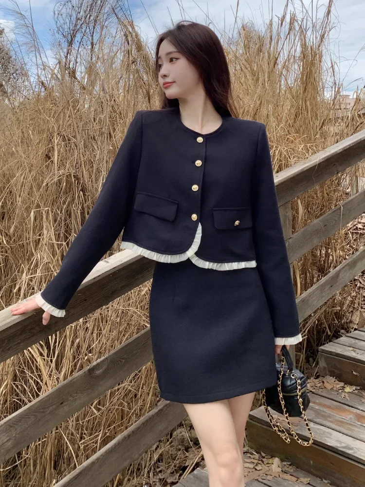 Insozkdg Skirt Suits Women 2024 Spring Autumn New French Retro Chic Short Jacket + Midi Skirt Two-Piece Sets High Quality New